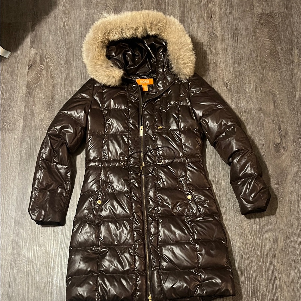 KORS Michael Kors Chocolate Puffer Coat with Faux Fur Hood